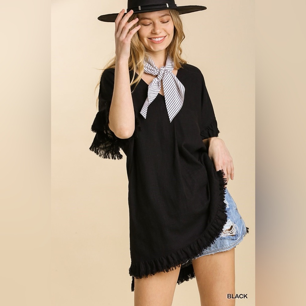Umgee Black Fringe Hem Women's Top